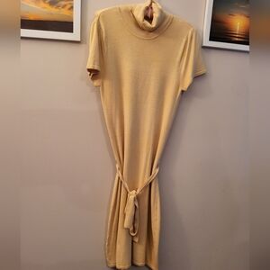 Turtleneck Short-Sleeve Knit Dress in Light Beige